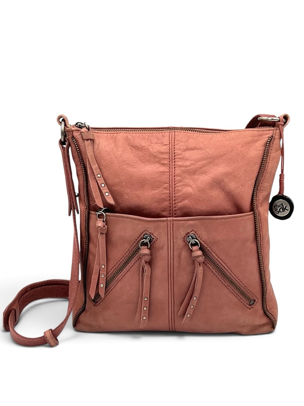 The Sak De Young Pink Leather Crossbody Bag Multi Pocket Boho Tassel Y2K Slouchy